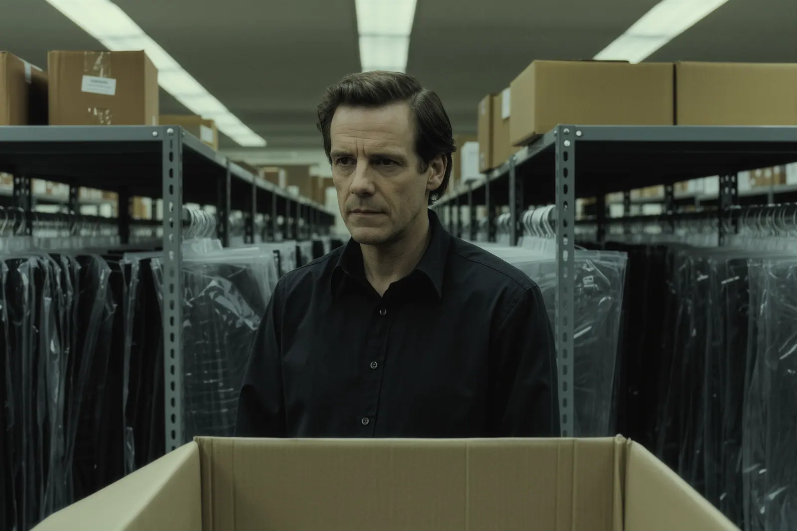 Plain labelled cardboard boxes and hanging garment bags on grey industrial shelving in a costume store, an open box on a low shelf in the foreground and aisles of racking behind.