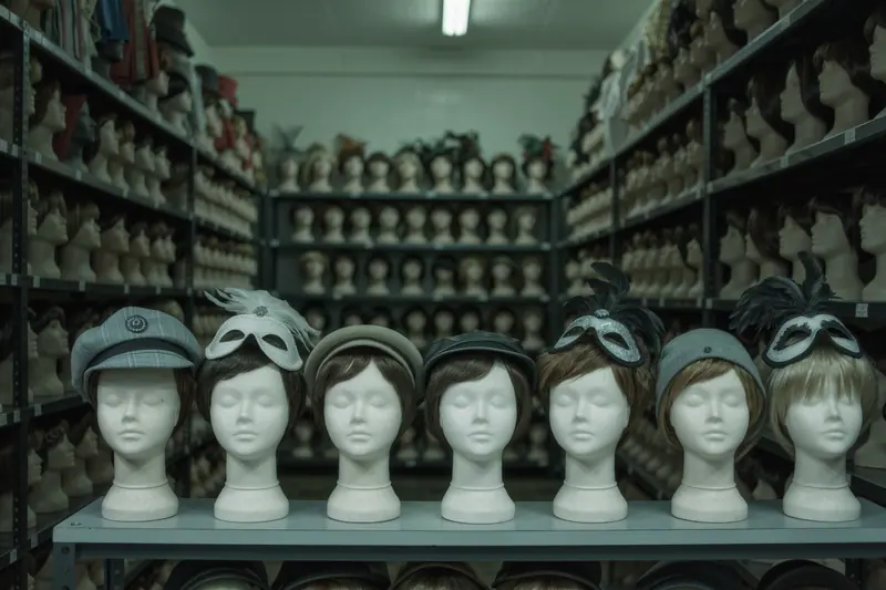 Hire hats, masks and wigs arranged on plain head forms on shelves in a store room, boxes and labels behind them.