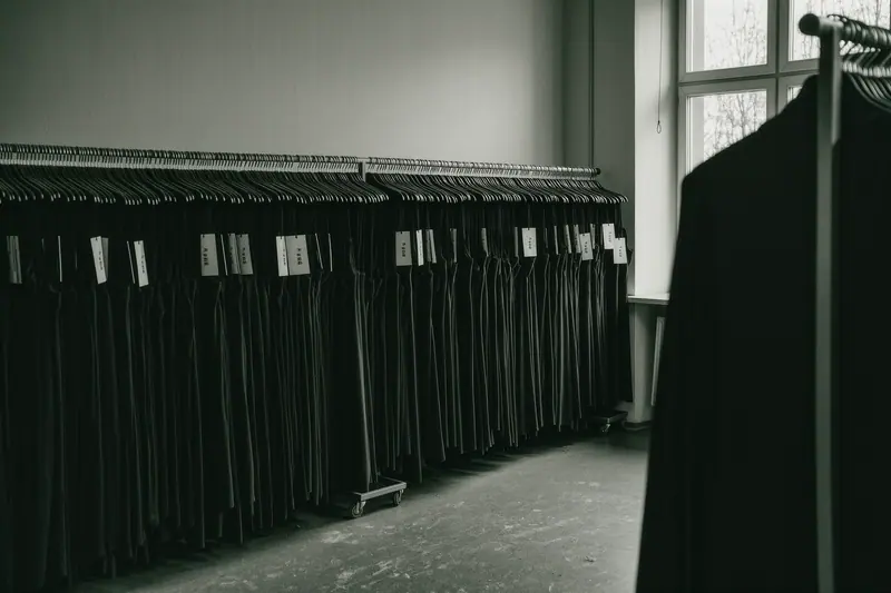 Rails of hired costumes hanging tightly together on wooden hangers with small paper return tags, seen down a narrow aisle.