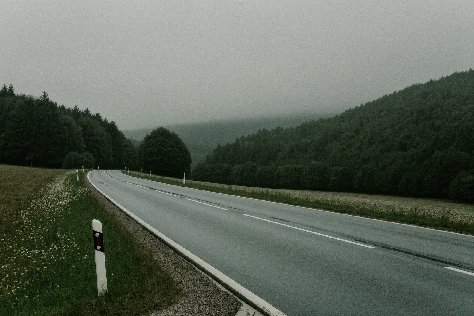 An empty two-lane road curving through wooded Eifel hills, a white-topped roadside marker post in the grass verge in the foreground and low cloud on the ridges behind.