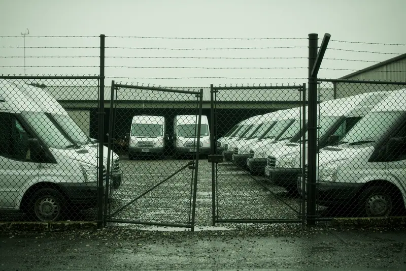 A van hire yard with plain white vans parked nose-in behind a chain-link fence, wet tarmac and painted bay markings under grey cloud.