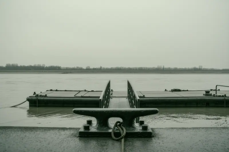 A floating pontoon on the Rhine with mooring cleats and a steel gangway running down to it, the flat far bank and grey water behind.