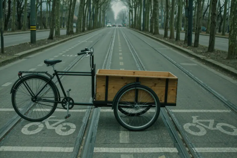 A long-box cargo bike parked beside a wide boulevard cycle lane, tram rails set into the road surface and bare plane trees along the central reservation.